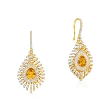 Gold teardrop earrings adorned with yellow gemstones and white stones.