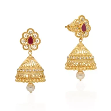 Gold bell-shaped earrings with red gemstone and pearl accents.
