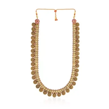 Gold necklace with circular pendants and pink gemstone accents, featuring a decorative clasp.