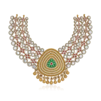Elegant pearl necklace with intricate gold detailing and a green gemstone centrepiece.