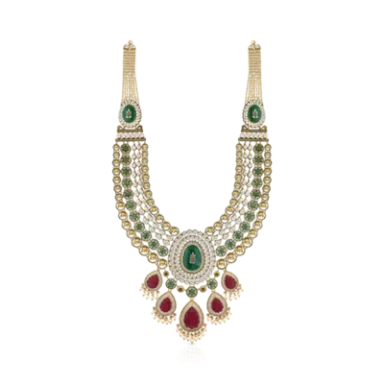Ornate gold necklace featuring emerald and ruby stones with intricate bead detailing.
