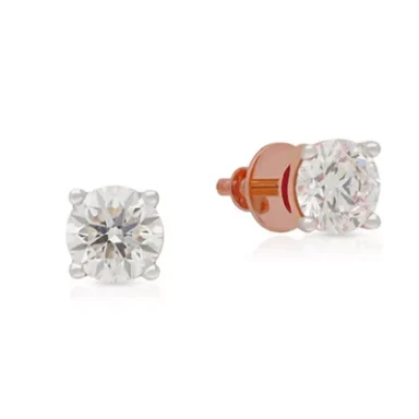 Rose gold stud earrings featuring sparkling round clear diamonds.