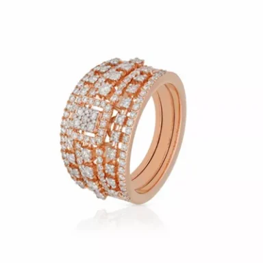 Rose gold ring with intricate diamond detailing and a layered design.