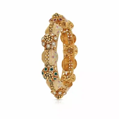 Gold bangle adorned with colourful gemstones and intricate patterns.