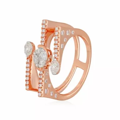 Rose gold ring with three sparkling stones and intricate design details.