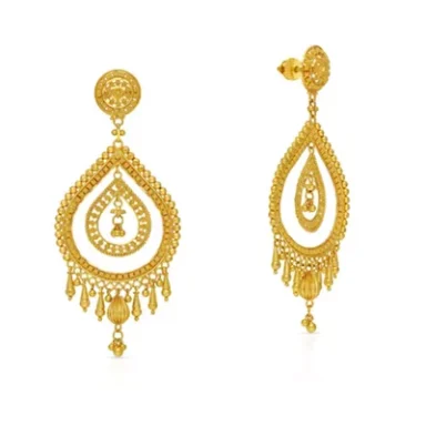 Gold teardrop earrings with intricate detailing and hanging embellishments.