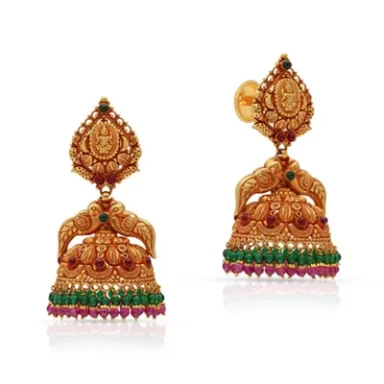 Gold temple earrings adorned with intricate designs and colourful gemstones.