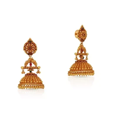 Traditional gold jhumka earrings with intricate designs and dangling embellishments.