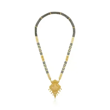 Gold necklace featuring a pendant with intricate detailing and a patterned bead Mangalsutra chain.
