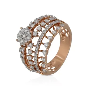 Rose gold ring with multiple sparkling diamonds in an elegant design.