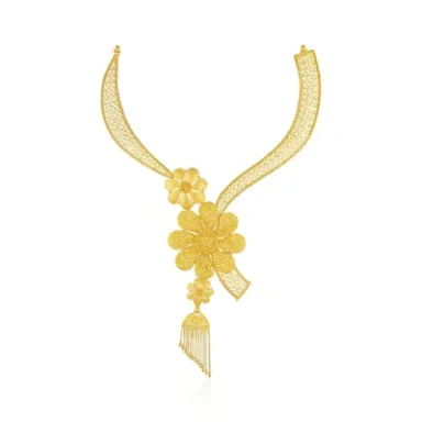 Gold necklace featuring floral designs and decorative tassels.