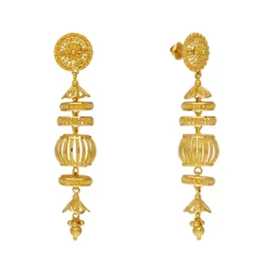 Long gold earrings with intricate designs and a hanging pendant detail.