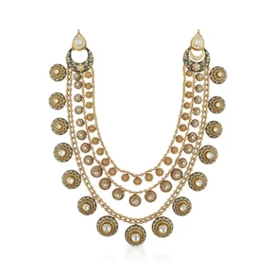Gold necklace with multiple layered chains and circular pendant accents.