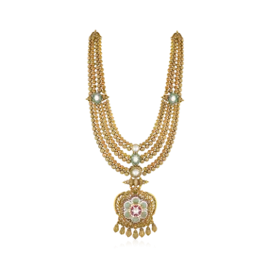 Gold necklace with multiple chains and a decorative pendant featuring coloured stones.