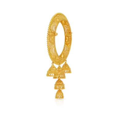 Gold hoop earring with intricate detailing and dangling triangular charms.