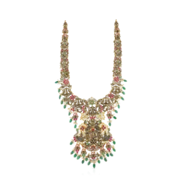 Ornate gold necklace with emerald and ruby embellishments, featuring a detailed pendant.
