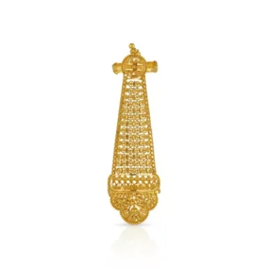 Intricately designed gold pendant with an elongated, ornate structure.
