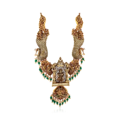 Gold necklace featuring intricate designs with green embellishments and a central pendant.