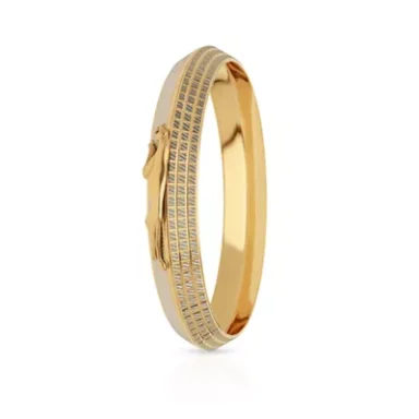 Gold bangle bracelet with a textured design and diamond-like embellishments.