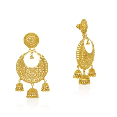 Gold earrings with intricate patterns and dangling bells.
