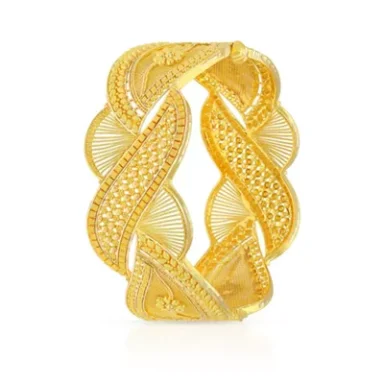 Yellow decorative bracelet with intricate woven patterns.