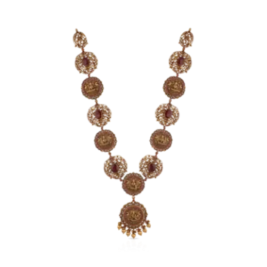 Gold necklace with decorative coins and red gemstones, featuring a central pendant.
