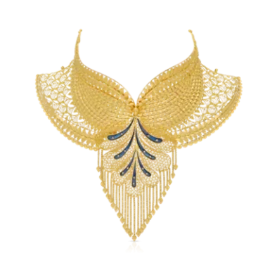Elegant gold necklace with intricate lace-like design and blue gemstone accents.