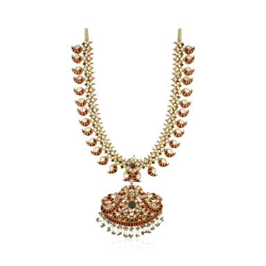 Intricate gold necklace featuring decorative patterns and a central pendant with green accents.