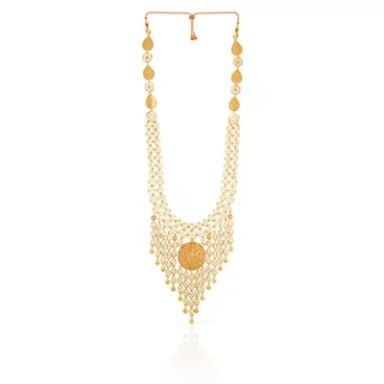 Gold statement necklace featuring intricate beadwork and a central circular pendant.