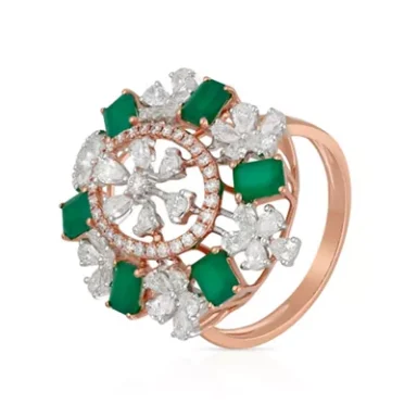 Rose gold ring featuring green stones and sparkling diamonds in a floral design.