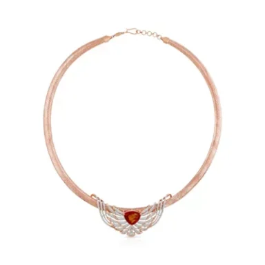 Rose-gold choker necklace with a heart-shaped red gemstone and sparkling details.