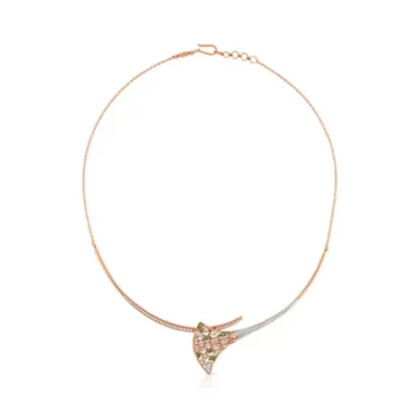 Rose gold necklace featuring a delicate leaf design with embedded gemstones.