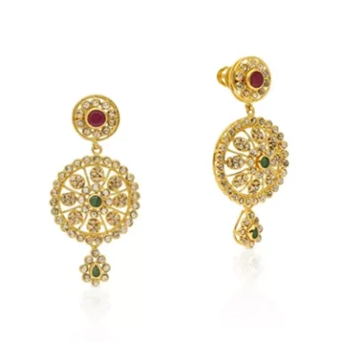 Gold earrings with intricate floral design, featuring red and green gemstones.