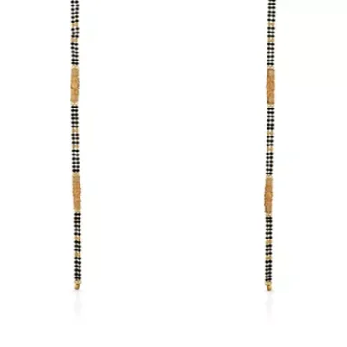 Mangalsutra Beaded necklace featuring black, gold, and orange patterns.