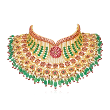 Traditional statement necklace with intricate designs, featuring red and green gemstones.