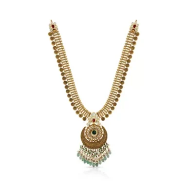 Gold necklace featuring a central pendant adorned with green and red gemstones.