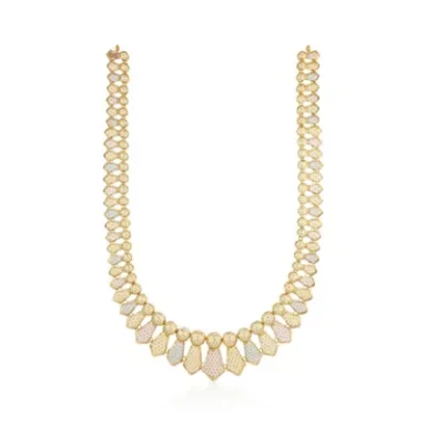 Gold statement necklace with marquise-shaped opalescent stones.