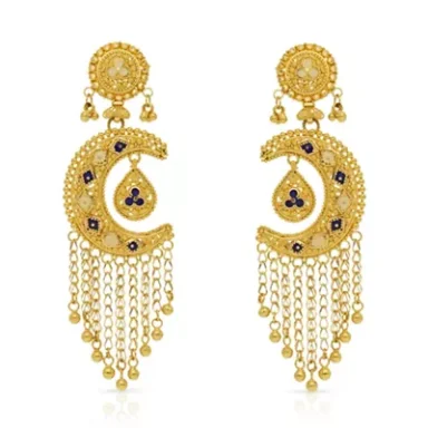 Gold crescent-shaped earrings with intricate detailing and dangling chains.