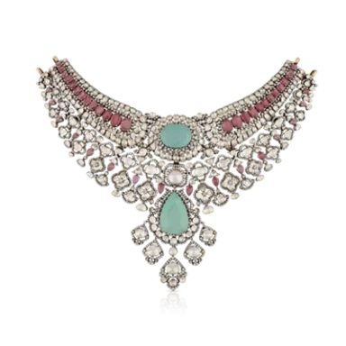 Elaborate white gold necklace featuring turquoise and pink adornments with intricate detailing.