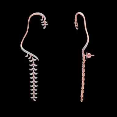 Two abstract, intricately designed ear ornaments in silver against a black background.