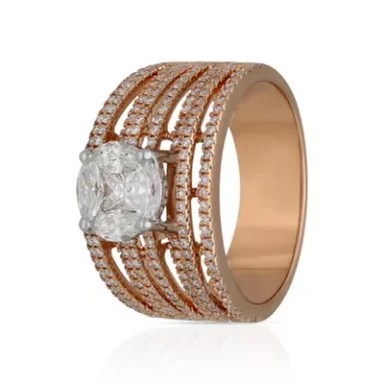 Rose gold ring with a central diamond surrounded by smaller diamonds in a wave design.