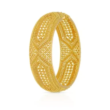 Intricate yellow bangle with a decorative lattice pattern.