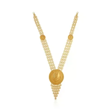 Golden necklace with a layered design and circular accent beads.