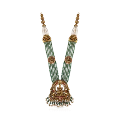 Traditional necklace featuring green beads, gold accents, and intricate design elements.
