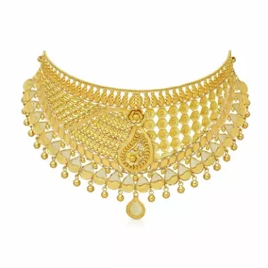 Elegant gold necklace with intricate filigree and bead detailing.