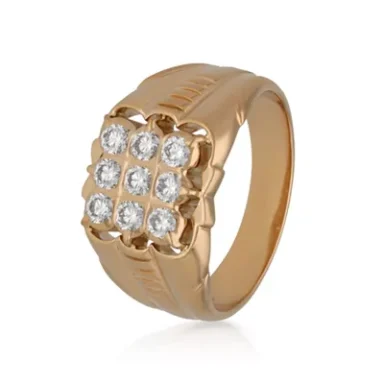 Gold ring featuring a square cluster of nine clear stones.