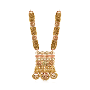 Ornate gold necklace with intricate designs and decorative pendants.
