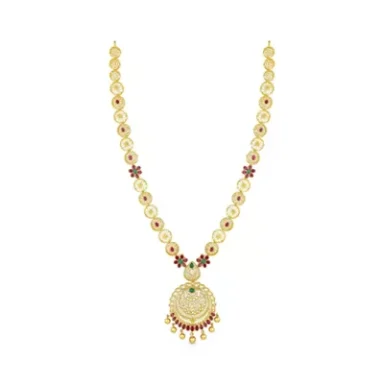 Gold necklace with circular pendant, adorned with red and green accents.