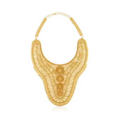 Large gold statement necklace with intricate bead and chain design.