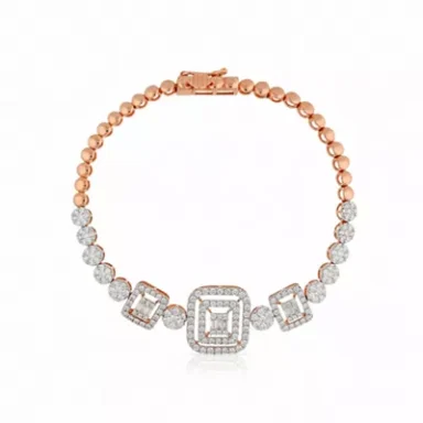 Rose gold bracelet with sparkling diamonds and a central square gemstone.